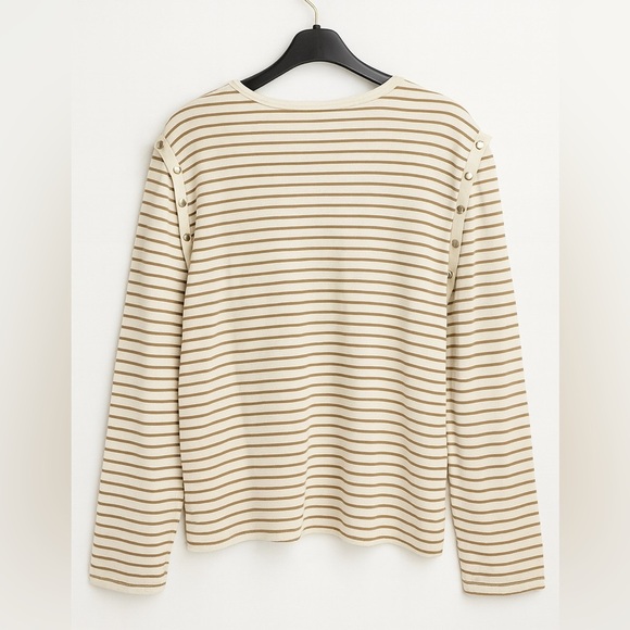 Maeve Button Shoulder Striped Top Cream Tan M Worn Once Detachable Sleeves - Picture 3 of 6
